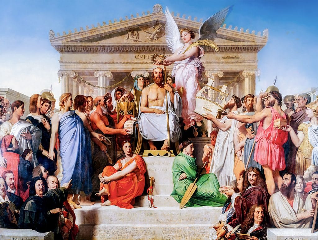 Picture Puzzles: The Journey From Nominating Artwork to Enhanced Ready Image 8 A grand neoclassical composition showing Homer enthroned at the center, being crowned by a winged female figure symbolizing fame or divinity. He is surrounded by ancient philosophers, poets, and artists, with a classical temple façade in the background. The figures are richly clothed in colorful drapery.