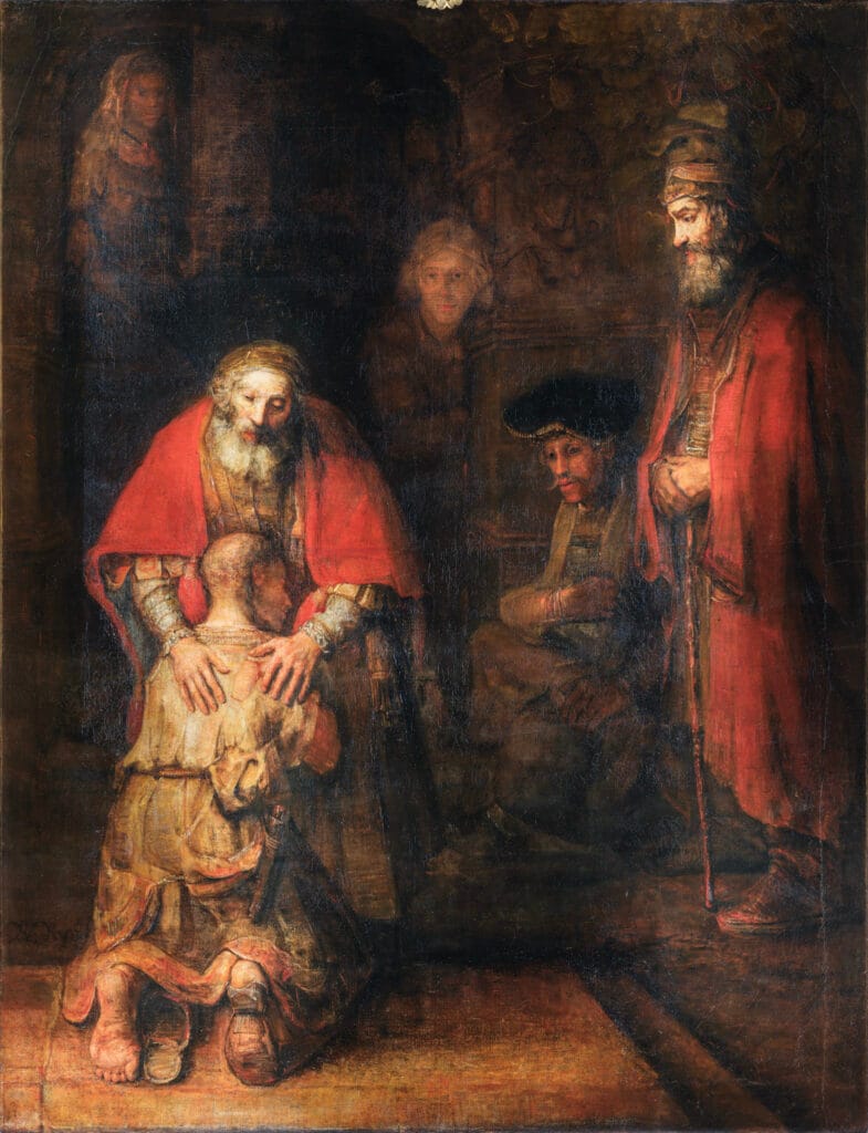 Picture Puzzles: The Journey From Nominating Artwork to Enhanced Ready Image 6 An old man gently embraces a kneeling, ragged son in forgiveness, surrounded by onlookers, in a dark, emotional biblical scene.