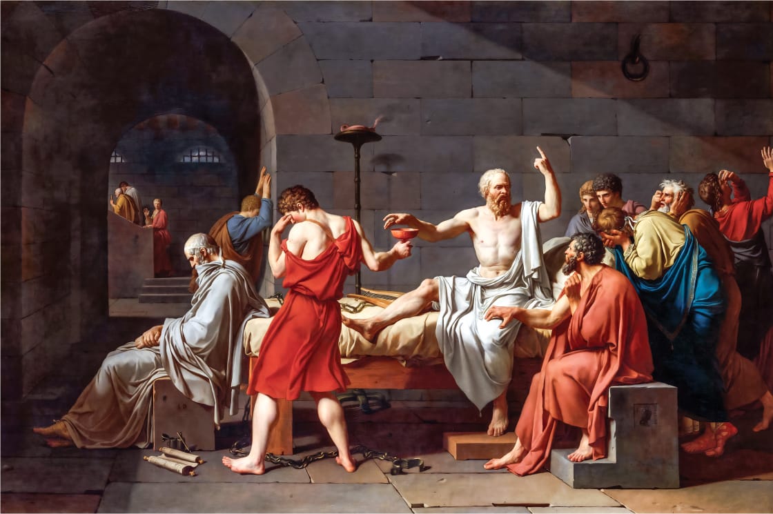 A group of men in ancient Greek attire surround a bed where an elderly man, raising one hand, receives a cup from another man. The scene is intense and emotional, set in a stone room with arched openings. A group of men in ancient Greek attire surround a bed where an elderly man, raising one hand, receives a cup from another man. The scene is intense and emotional, set in a stone room with arched openings.