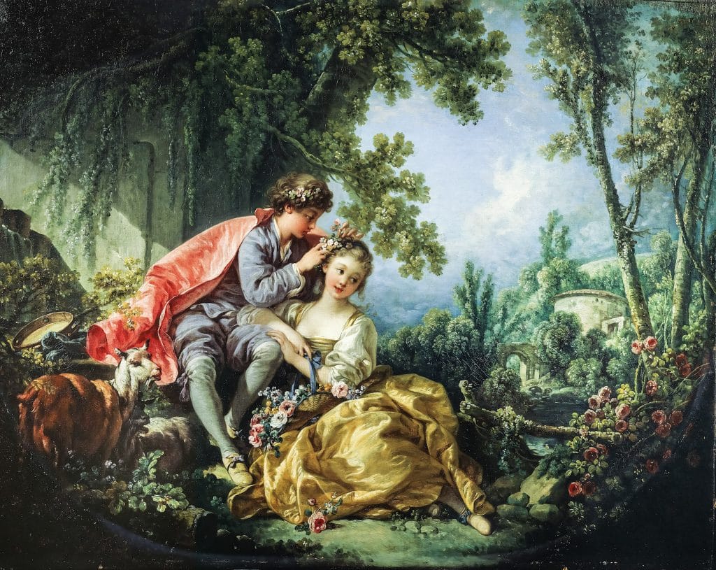 Picture Puzzles: The Journey From Nominating Artwork to Enhanced Ready Image 7 A young couple sits under the trees in a blooming landscape. The man crowns the smiling woman with a flower garland while goats and sheep rest nearby in a richly wooded glade.
