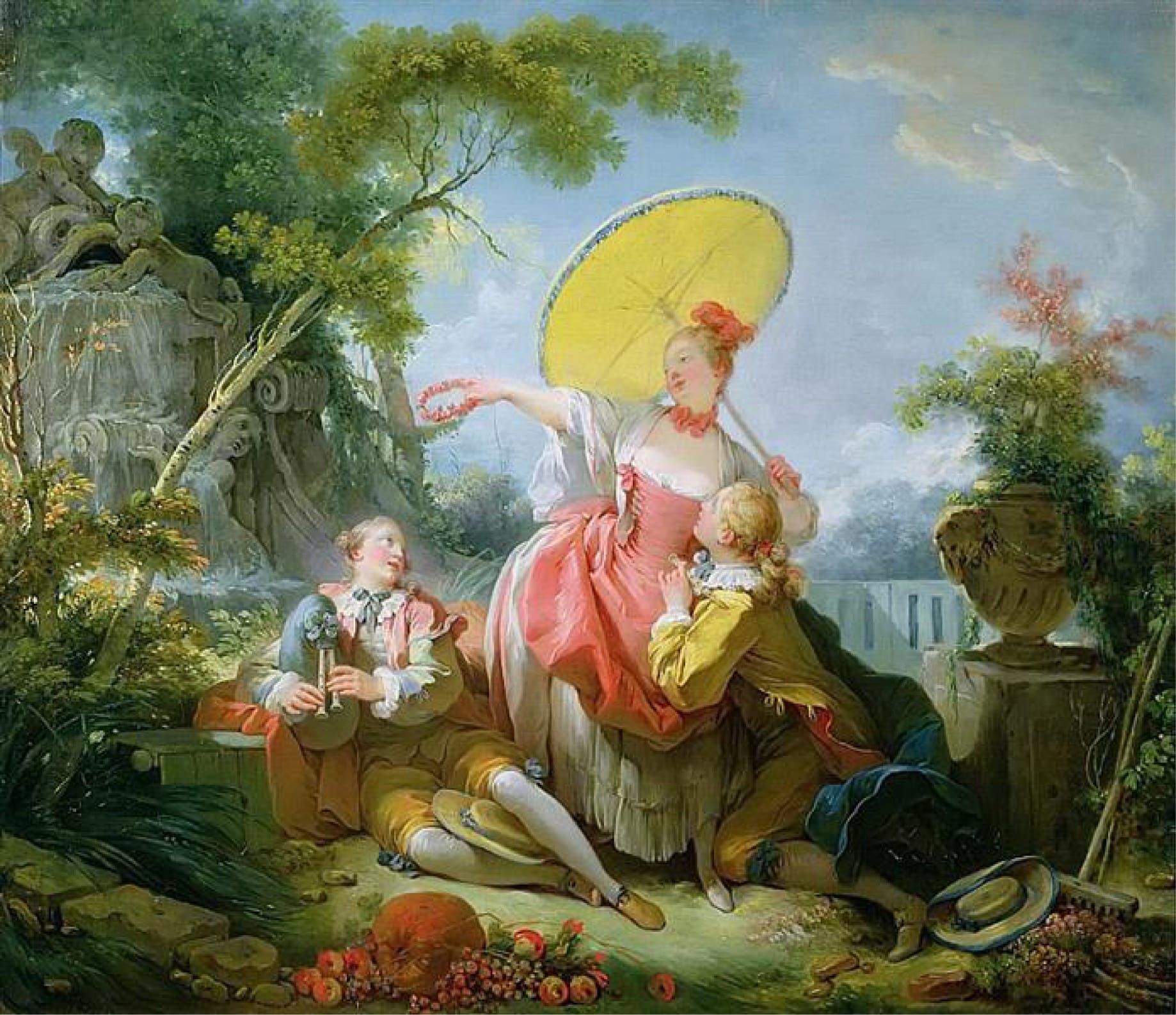 Home 4 A cheerful woman with a yellow skirt offers a garland to a kneeling man under a large yellow parasol. Another youth plays a flute as fruits and flowers spill around them in an ornate garden.