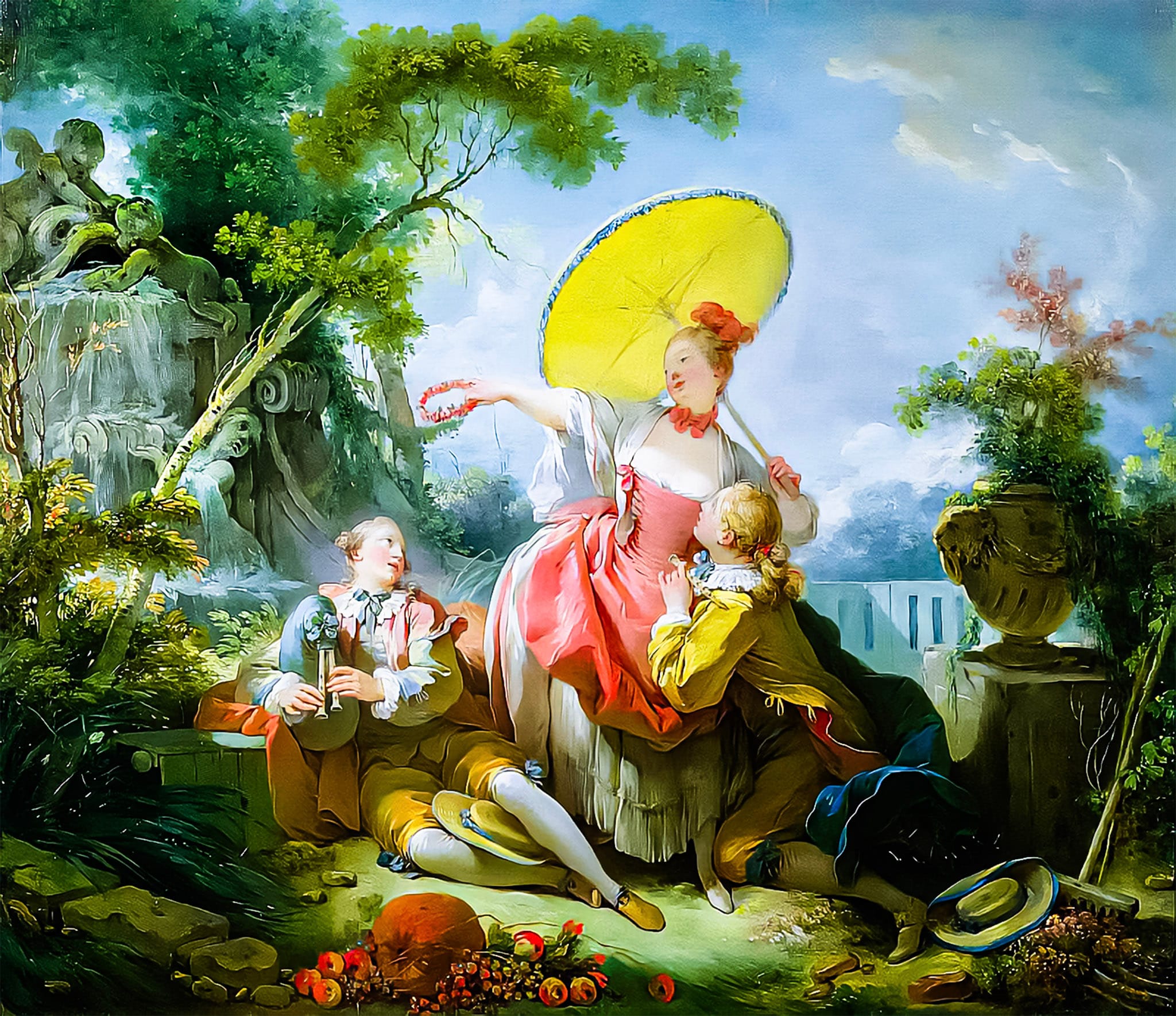 The Musical Contest_A A cheerful woman with a yellow skirt offers a garland to a kneeling man under a large yellow parasol. Another youth plays a flute as fruits and flowers spill around them in an ornate garden.