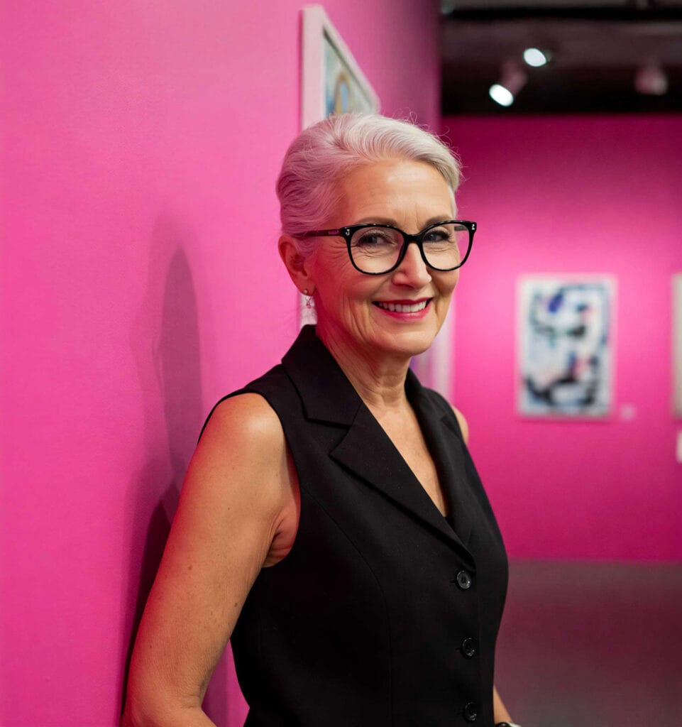 An older woman with short white hair and glasses, dressed in a sleeveless black vest, smiles while leaning against a bright pink wall in an art gallery with abstract artworks in the background.