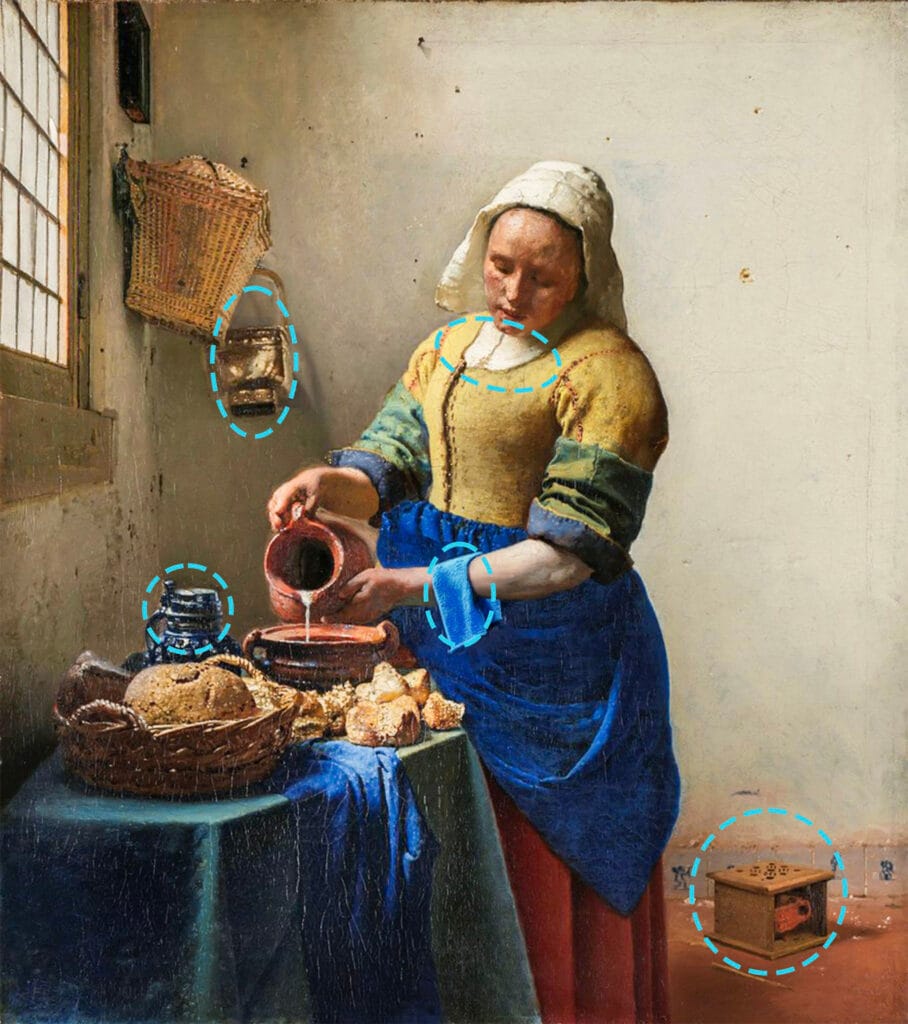Puzzles Book Experience: Hardcover Feel, Digital Ease 4 Puzzles Book: Experience: Hardcover Feel, Digital Ease A woman in traditional Dutch attire pours milk into a bowl near a sunlit window, surrounded by rustic kitchen items, bread, and a blue cloth in a simple, white-walled room.