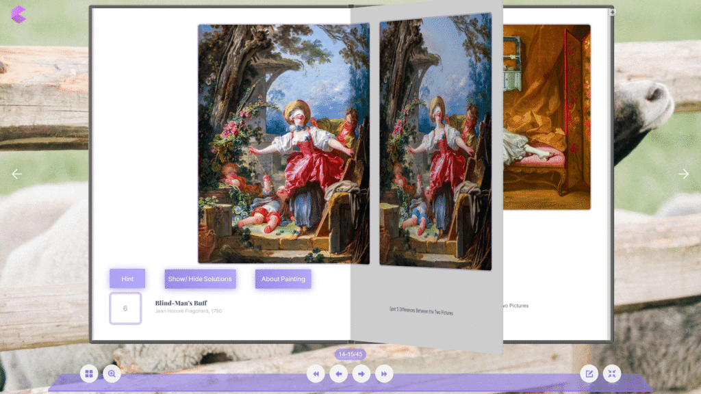 Puzzles Book Experience: Hardcover Feel, Digital Ease 1 A digital interface displays a vibrant, detailed painting of children playing blind man's bluff in a lush garden. The scene exudes joy and playfulness.
