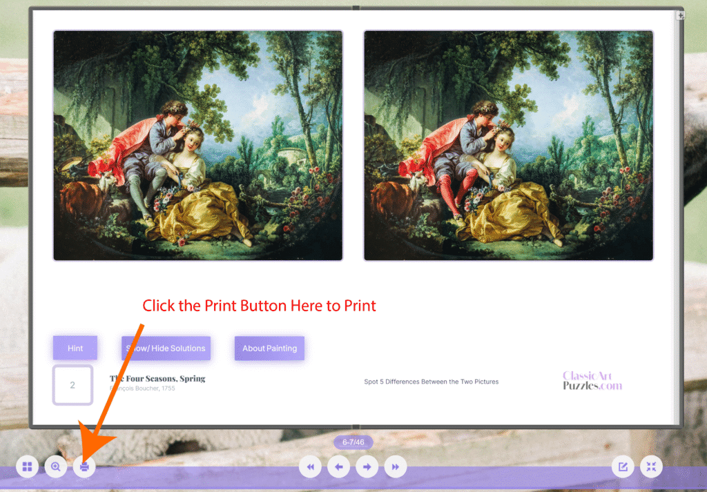 Printable Puzzles: The Ultimate Flipbook Feature 1 Printable Puzzles. Side-by-side comparison of a classic painting depicting a romantic couple in a garden. Text instructs to click a button to print. Keywords: art, puzzle, print.