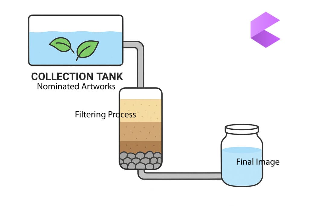 Picture Puzzles: The Journey From Nominating Artwork to Enhanced Ready Image 5 Picture Puzzle. Diagram illustrating an art selection process: a collection tank labeled "Nominated Artworks" with leaves, connected to a "Filtering Process," leading to a jar labeled "Final Image."