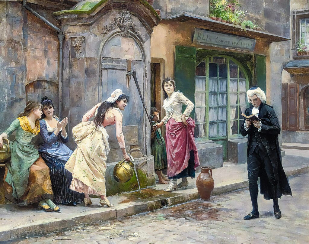 Group of young women at a public water fountain in a stone-paved European street; one bends to fill a jug while glancing back at a passing man in a powdered wig reading a book; other women observe and giggle while a child peeks from behind a doorway.