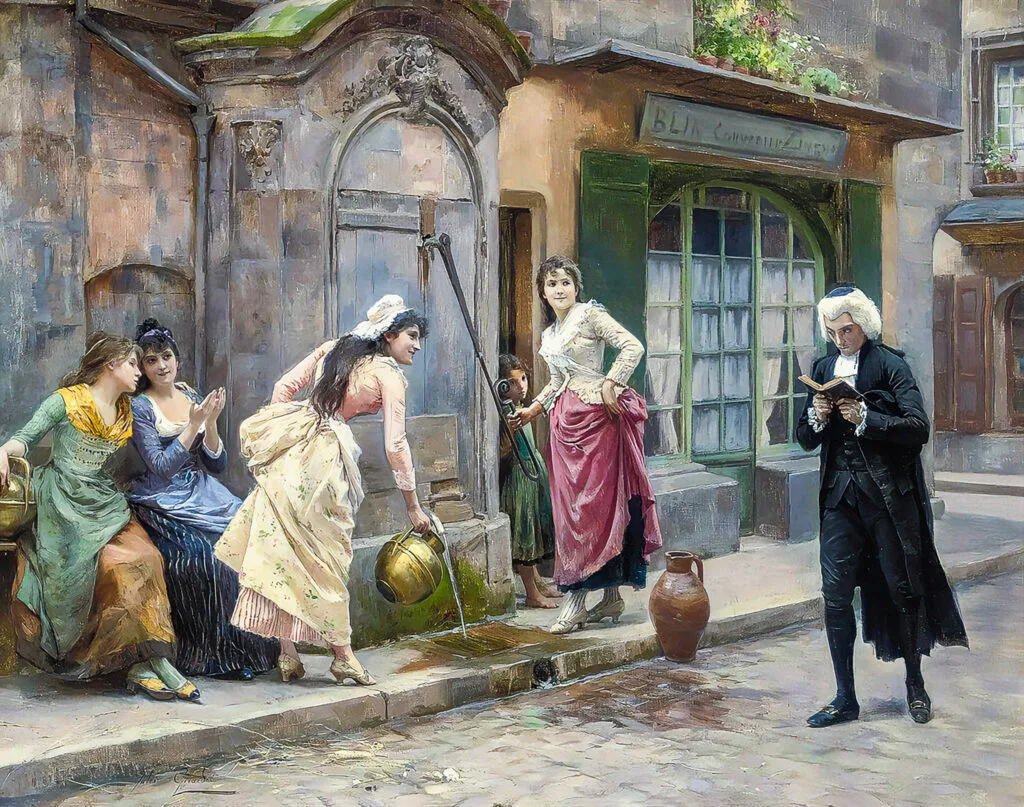 Group of young women at a public water fountain in a stone-paved European street; one bends to fill a jug while glancing back at a passing man in a powdered wig reading a book; other women observe and giggle while a child peeks from behind a doorway.