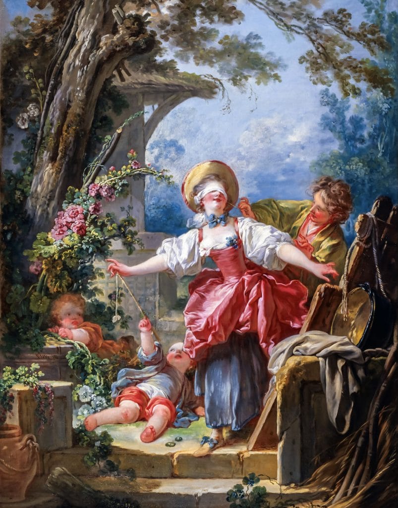 A classic art Painting Featuring A blindfolded young woman in a red bodice stumbles playfully as children gather around her. One boy pulls a ribbon from her back while another toddler lies giggling on the stone steps.