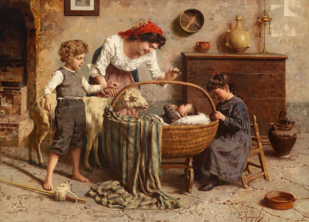 Come To Me: Eduardo Zampighi.
A warm, rustic scene of a mother, a boy, and a girl surrounding a baby in a cradle. A sheep stands nearby. The atmosphere is tender and familial.