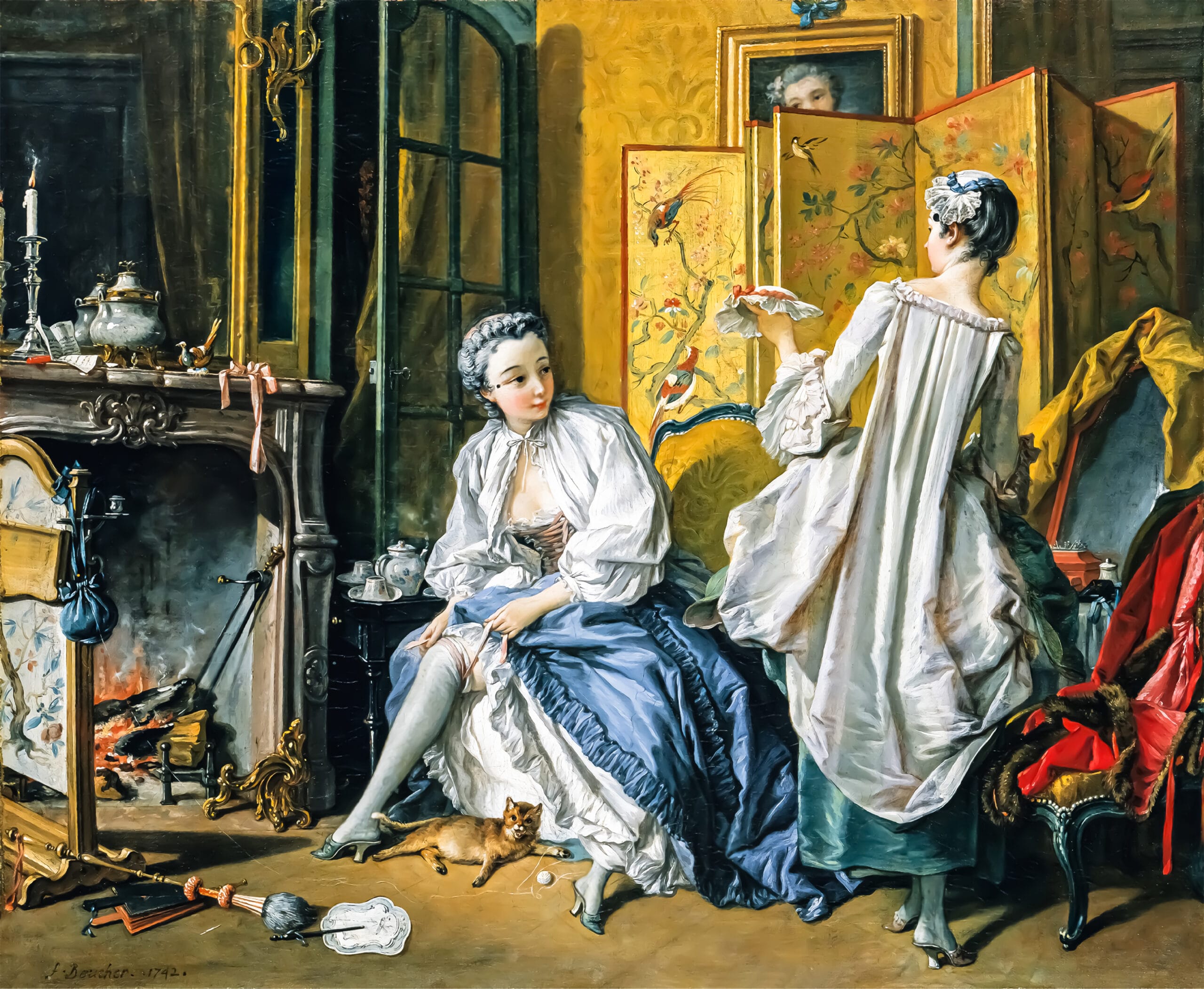 An elegant Rococo interior with a seated lady adjusting her stockings by the fireplace, while a maid presents a ribbon or bonnet. The room is richly decorated with a screen of painted birds, a playful cat, scattered accessories, and glowing firelight.