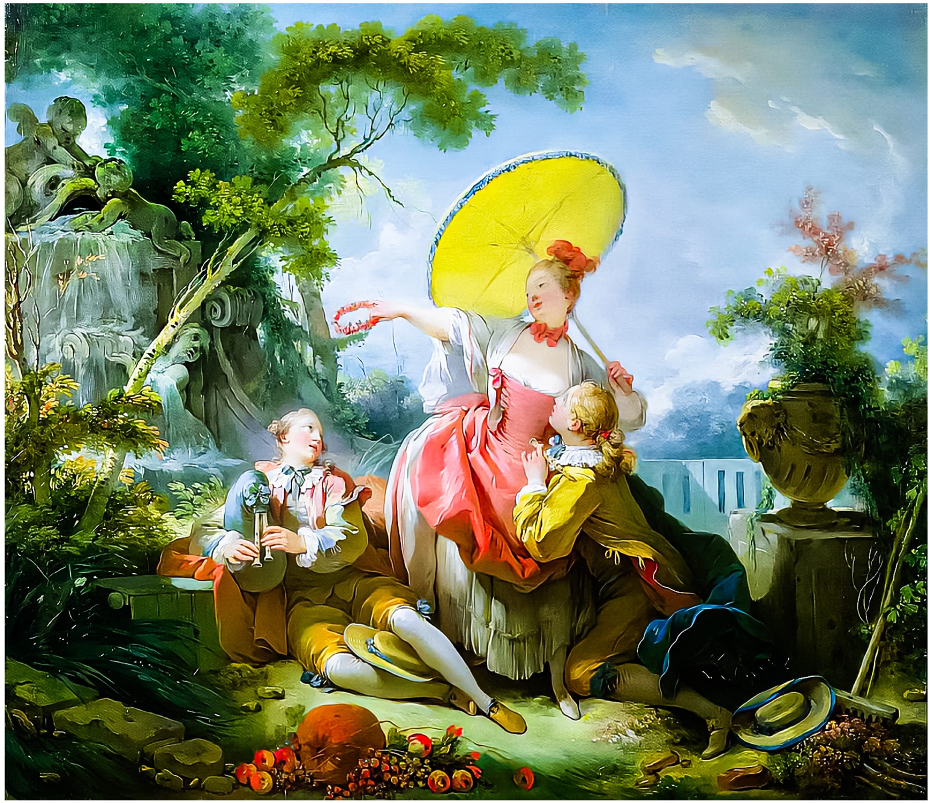 A cheerful woman with a yellow skirt offers a garland to a kneeling man under a large yellow parasol. Another youth plays a flute as fruits and flowers spill around them in an ornate garden.