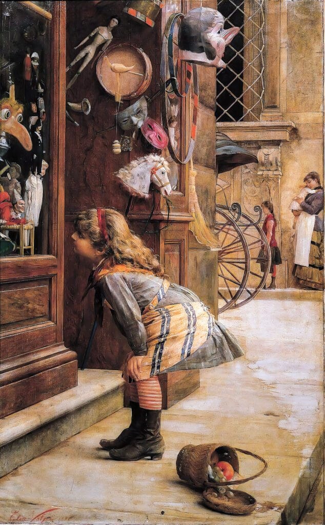 A young girl in a striped dress and boots bends forward in wonder, peering through a toy store window filled with dolls, masks, and trinkets; behind her lies a toppled basket of apples on the sidewalk.
