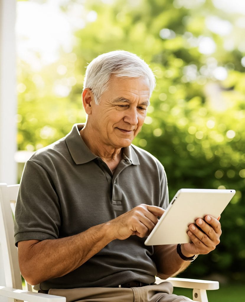 A cheerful senior man with white hair sits on a porch in a garden setting, using a digital tablet. He wears a gray polo shirt and beige pants, with sunlight filtering through the green leaves behind him, evoking a peaceful and engaged moment with technology.