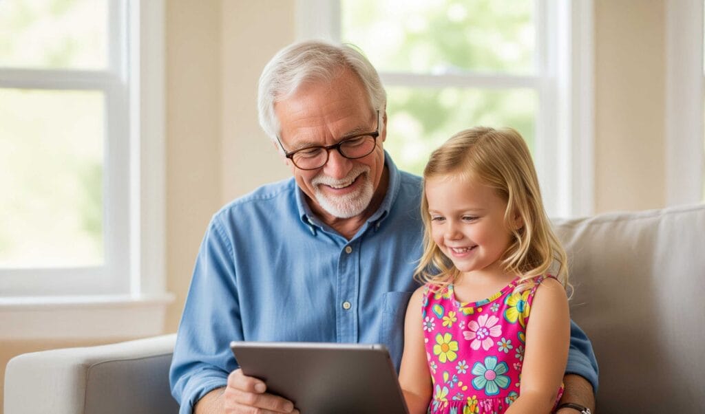 An older man with gray hair and glasses sits on a couch with a young girl in a colorful dress, both smiling as they solve puzzles together on a tablet in a brightly lit room.