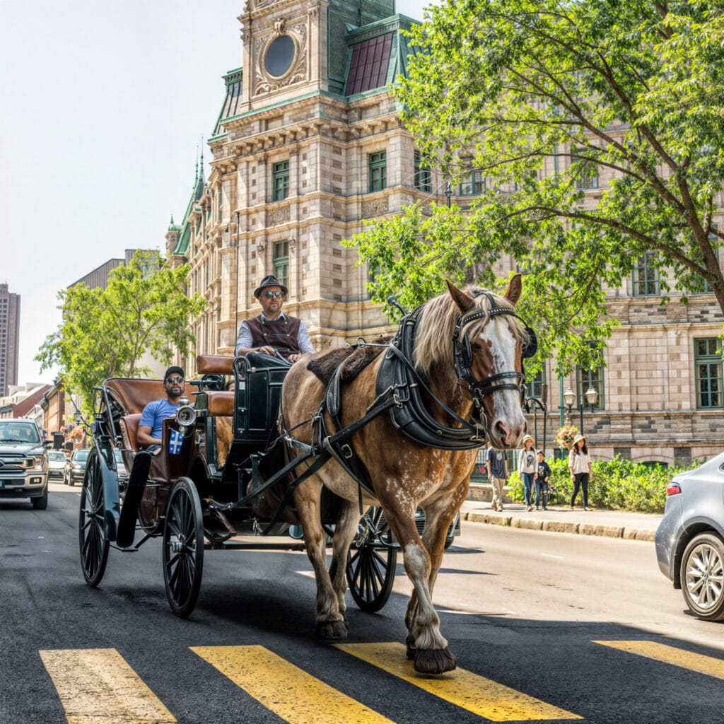 Horse-drawn carriage in front of historic architecture in Old Quebec, Canada – Free Printable Spot the Difference Game, Landmarks Around the World Puzzle.