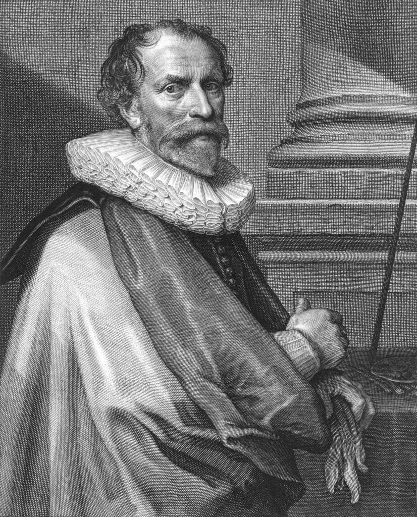 A classic black-and-white portrait of an older man in a ruffled collar and cloak, conveying wisdom and formality, standing near a column.