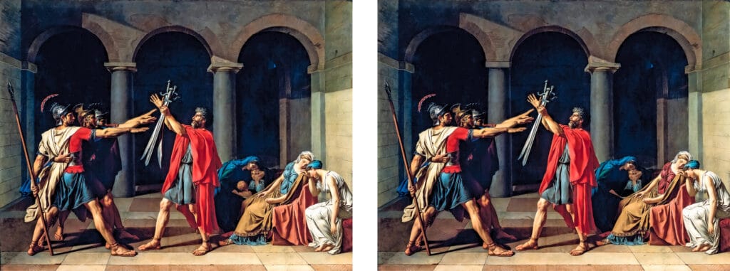 classic art. Featuring Side-by-side comparison of two versions of Jacques-Louis David’s neoclassical painting “The Oath of the Horatii,” showing three brothers saluting their father who holds their swords, with grieving women seated to the right. The right image features subtle differences for a spot-the-difference puzzle, such as missing architectural shadows and changes in garment details.