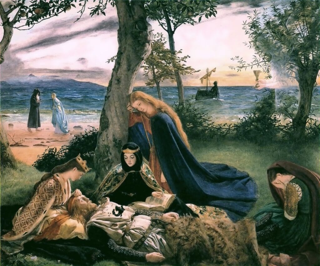 Pre-Raphaelite: The Glorious Stand for Truthful Art 1 Pre-Raphaelite. A medieval scene by the sea shows three women tending to a sleeping knight under a tree, exuding a sense of calm and melancholy, with a boat in the distance.