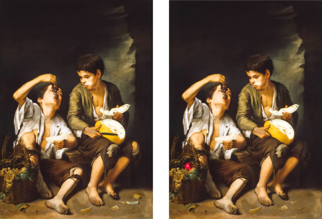 Featuring Spot the Difference puzzles. Side-by-side comparison of two versions of the painting "Two Boys Eating Fruit" by Bartolomé Esteban Murillo, featuring two barefoot boys sitting on the ground sharing grapes and melon. In the right image, subtle changes reveal it as a spot-the-difference puzzle—such as the added red apple in the fruit basket and a missing melon rind on the floor.