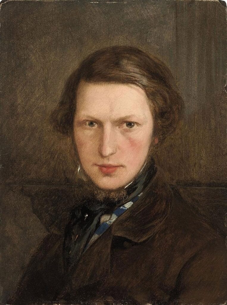 Ford Madox Brown.
Portrait of a young person with light skin and short brown hair, wearing a dark coat and a blue scarf. The expression is calm and reflective against a muted background.
