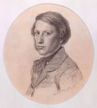 A sepia-toned pencil sketch of a person with medium-length hair, wearing a suit and cravat, gazing directly. The expression is calm and thoughtful.