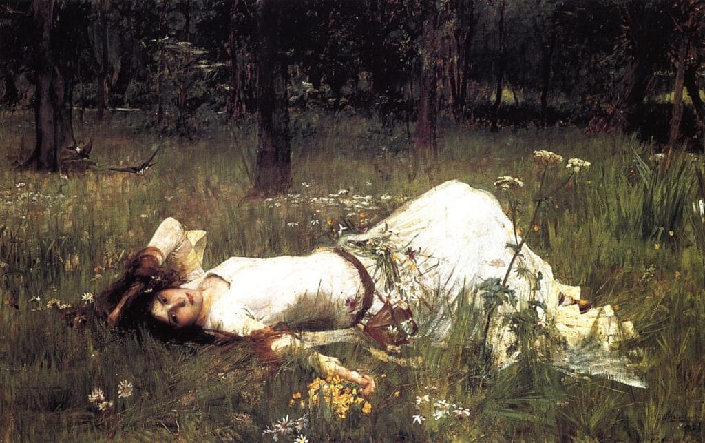  Penelope and the Suitors revisits.
A woman in a white dress lies peacefully on grass, surrounded by wildflowers and trees. The setting sun casts a tranquil, serene atmosphere.