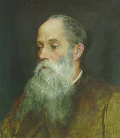 Portrait of an elderly man with a long white beard and serious expression, wearing a brown suit, set against a dark, muted background.