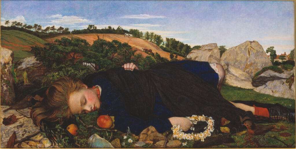 Charon and Psyche. Stanhope.
A girl in a blue dress lies peacefully on a grassy hillside, surrounded by rocks and a daisy chain. The scene conveys a serene, dreamlike mood.