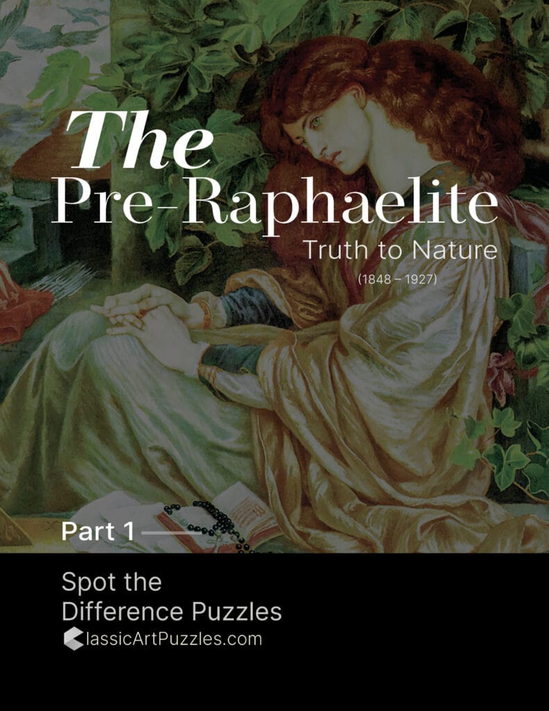 A woman with long hair in a flowing gown sits amidst lush greenery, gazing contemplatively. Text overlay reads "The Pre-Raphaelite," with puzzle info below.