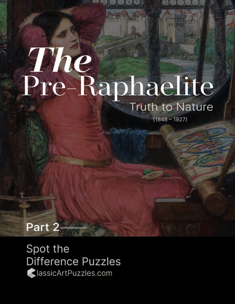 A woman in a red dress reclines on a chair beside a loom, gazing thoughtfully to the left. Background features a scenic view of a stone bridge and greenery. Text reads "The Pre-Raphaelite, Truth to Nature (1848-1927), Part 2."